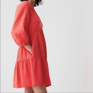 NWT GAP TIERED CRINKLE GAUZE MINI DRESS - ELBOW SLEEVES- POCKETS - MEDIUM TALL